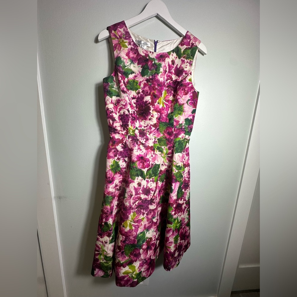 Oscar de la Renta Silk Floral Party Poplin Fit & Flare Cocktail Midi Dress Sz 8 - Picture 7 of 16